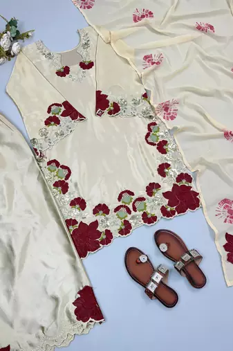 Cream roman glass embroidered suit set with digital print dupatta