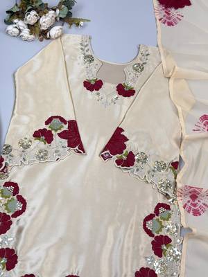Cream roman glass embroidered suit set with digital print dupatta 3