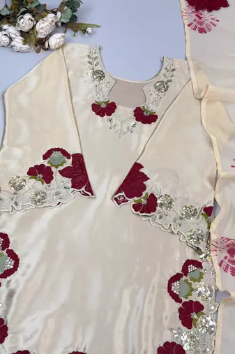 Cream roman glass embroidered suit set with digital print dupatta