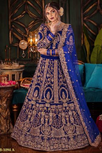 Blue Velvet Semi Stitched Lehenga Choli with Embroidery & Zari Work