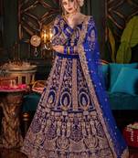 Blue Velvet Semi Stitched Lehenga Choli with Embroidery & Zari Work