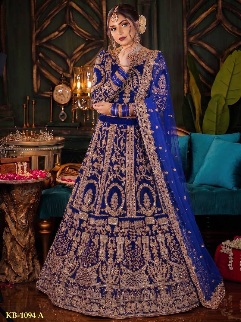 Blue Velvet Semi Stitched Lehenga Choli with Embroidery & Zari Work