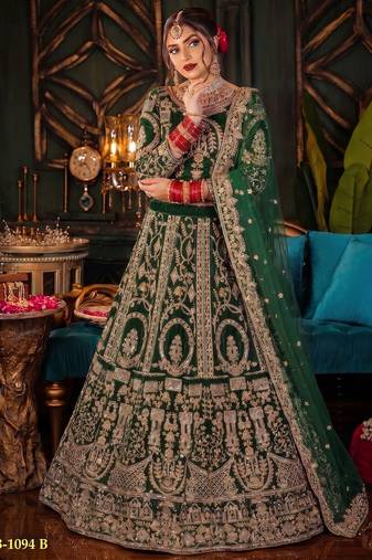 D Green Velvet Semi Stitched Lehenga Choli with Embroidery & Zari Work