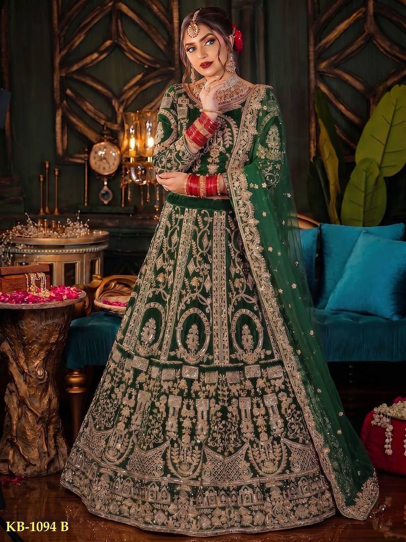 Green Velvet Semi Stitched Lehenga Choli with Embroidery & Zari Work
