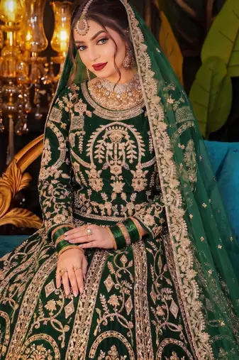 Green Velvet Semi Stitched Lehenga Choli with Embroidery & Zari Work