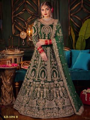 Green Velvet Lehenga Choli with Embroidery & Zari Work 3