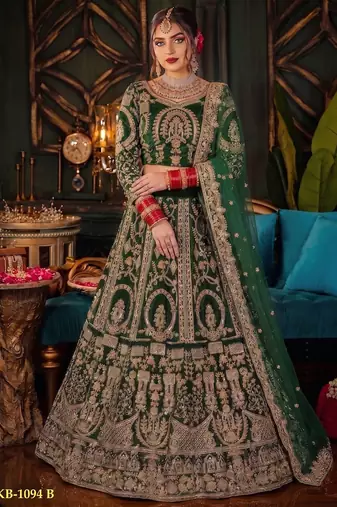 Green Velvet Semi Stitched Lehenga Choli with Embroidery & Zari Work