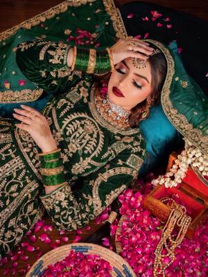 Green Velvet Lehenga Choli with Embroidery & Zari Work 4