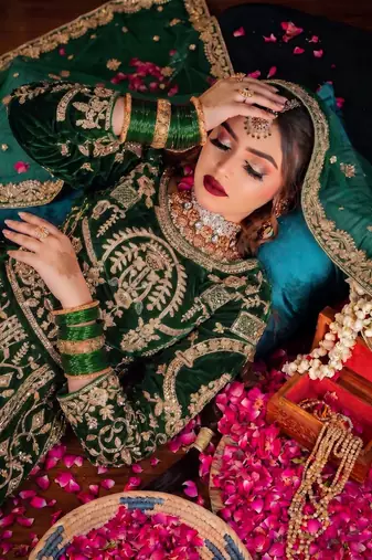 Green Velvet Semi Stitched Lehenga Choli with Embroidery & Zari Work