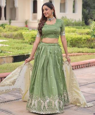 Green Silk Semi Stitched Lehenga Choli with Embroidery & Zari Work 1