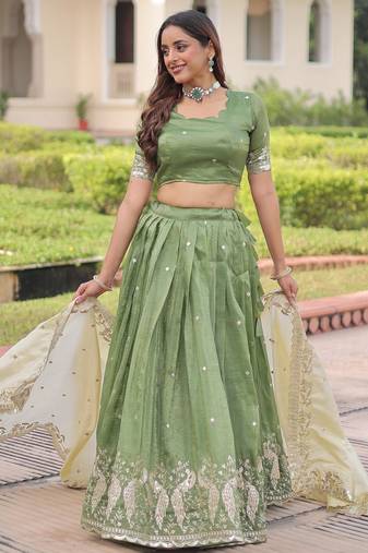Green Silk Semi Stitched Lehenga Choli with Embroidery & Zari Work
