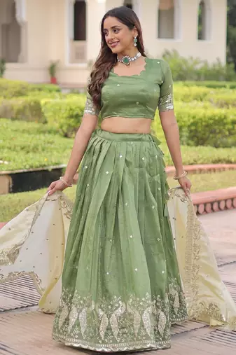 Green Silk Semi Stitched Lehenga Choli with Embroidery & Zari Work