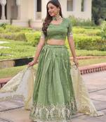 Green Silk Semi Stitched Lehenga Choli with Embroidery & Zari Work