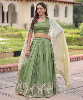 Green Silk Semi Stitched Lehenga Choli with Embroidery & Zari Work 2