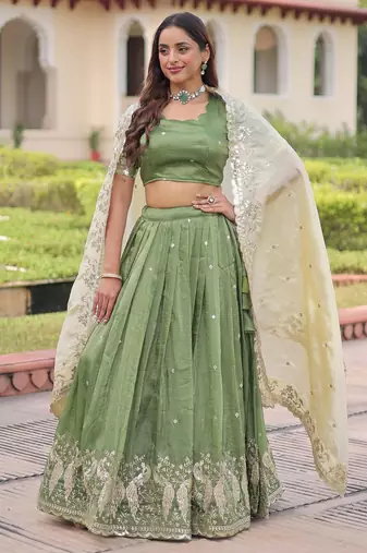 Green Silk Semi Stitched Lehenga Choli with Embroidery & Zari Work