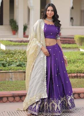 Violet Silk Semi Stitched Lehenga Choli with Embroidery & Zari Work 1