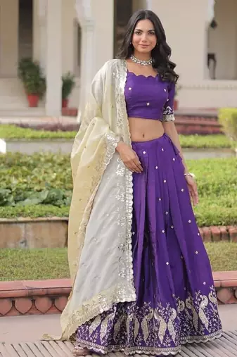 Violet Silk Semi Stitched Lehenga Choli with Embroidery & Zari Work