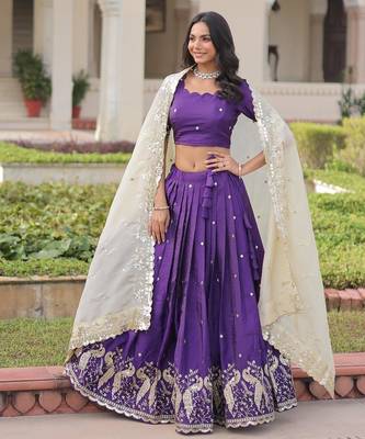Violet Silk Semi Stitched Lehenga Choli with Embroidery & Zari Work 2