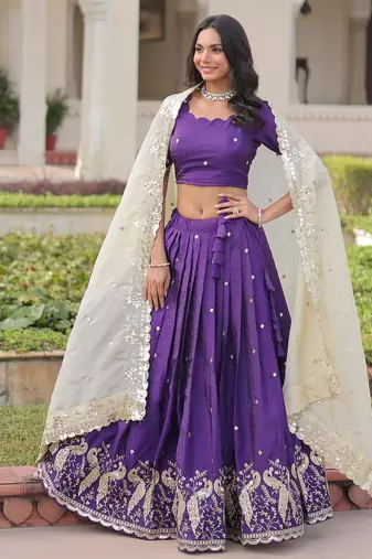 Violet Silk Semi Stitched Lehenga Choli with Embroidery & Zari Work