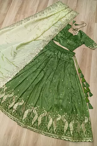 Green Silk Semi Stitched Lehenga Choli with Embroidery & Zari Work