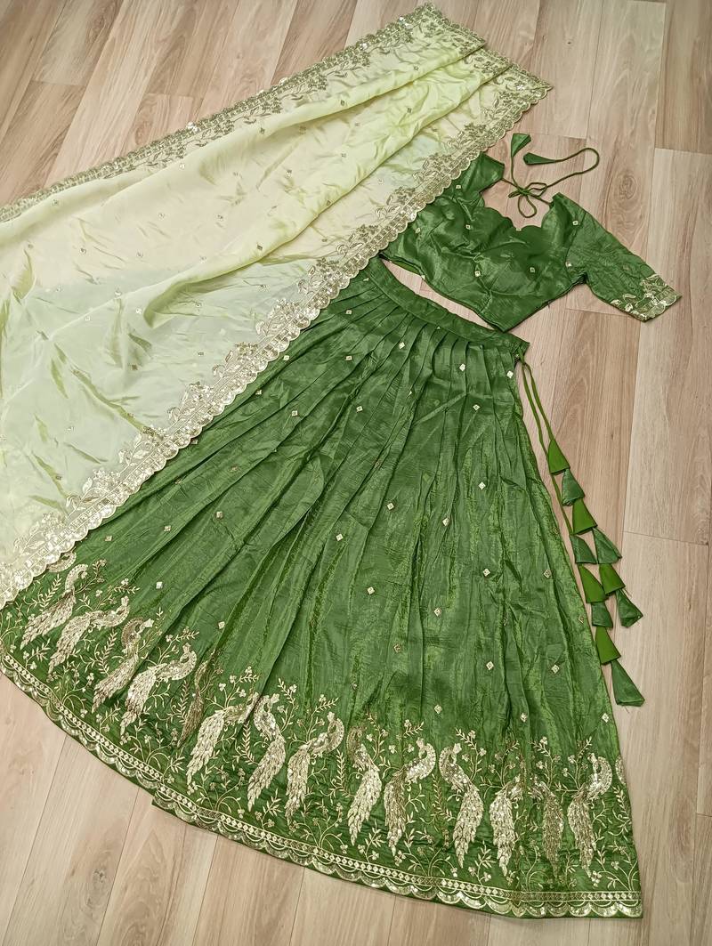 Green Silk Semi Stitched Lehenga Choli with Embroidery & Zari Work
