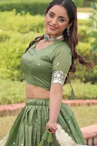 Green Silk Semi Stitched Lehenga Choli with Embroidery & Zari Work