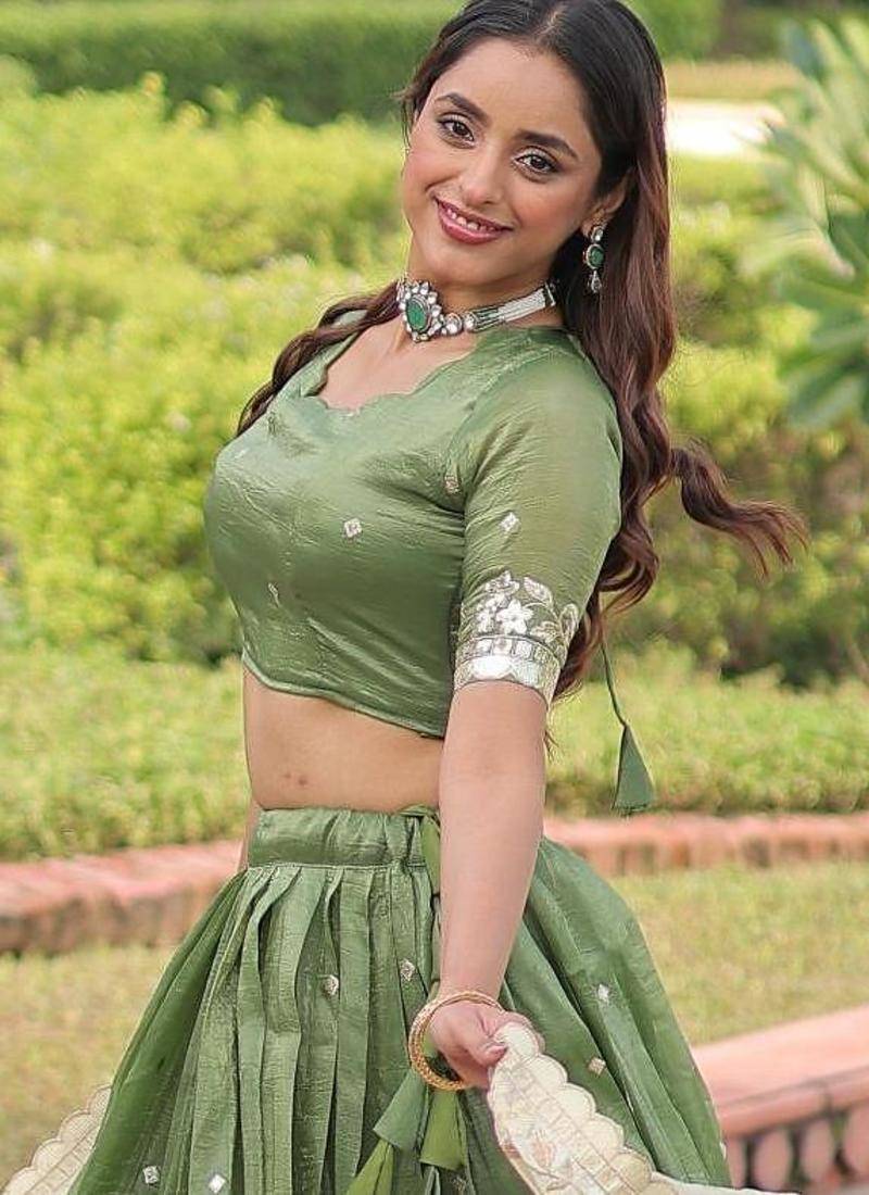 Green Silk Semi Stitched Lehenga Choli with Embroidery & Zari Work