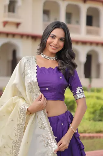 Violet Silk Semi Stitched Lehenga Choli with Embroidery & Zari Work