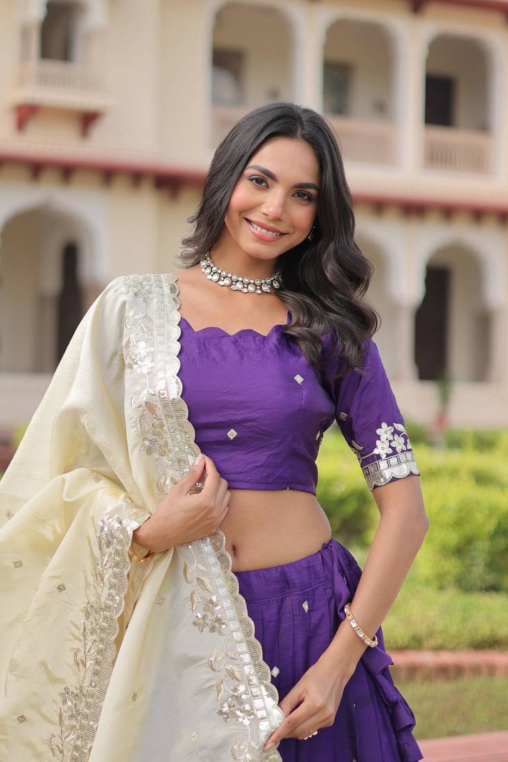 Violet Silk Semi Stitched Lehenga Choli with Embroidery & Zari Work