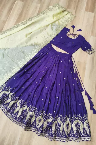 Violet Silk Semi Stitched Lehenga Choli with Embroidery & Zari Work