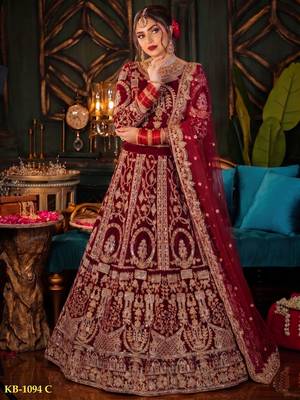 Maroon Velvet Lehenga Choli with Embroidery & Zari Work 1