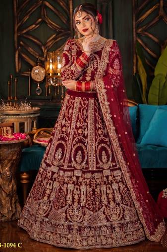 Maroon Velvet Semi Stitched Lehenga Choli with Embroidery & Zari Work