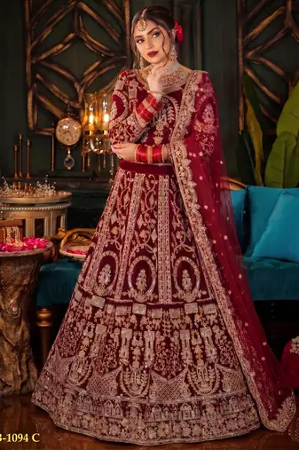 Maroon Velvet Semi Stitched Lehenga Choli with Embroidery & Zari Work