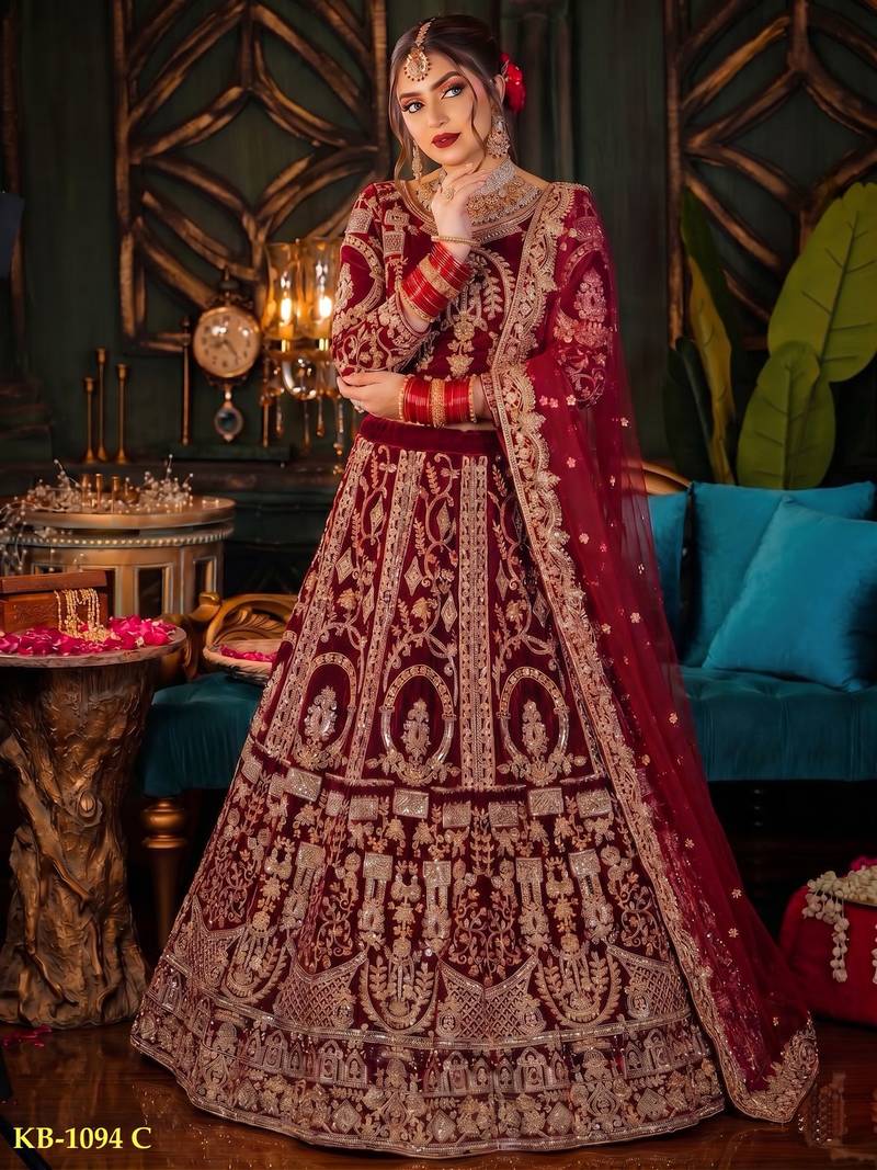 Maroon Velvet Semi Stitched Lehenga Choli with Embroidery & Zari Work
