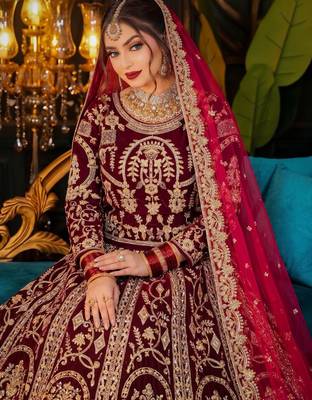 Maroon Velvet Lehenga Choli with Embroidery & Zari Work 2