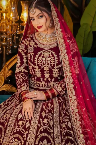 Maroon Velvet Semi Stitched Lehenga Choli with Embroidery & Zari Work