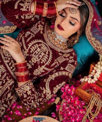 Maroon Velvet Lehenga Choli with Embroidery & Zari Work 3
