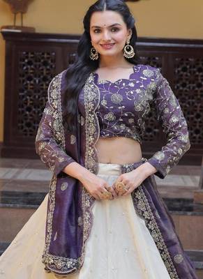 Violet Silk Semi Stitched Lehenga Choli with Embroidery & Zari Work 1
