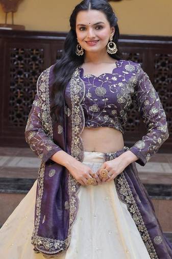Violet Silk Semi Stitched Lehenga Choli with Embroidery & Zari Work