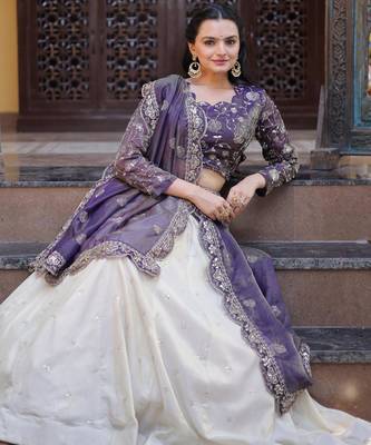 Violet Silk Semi Stitched Lehenga Choli with Embroidery & Zari Work 2