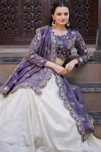 Violet Silk Semi Stitched Lehenga Choli with Embroidery & Zari Work