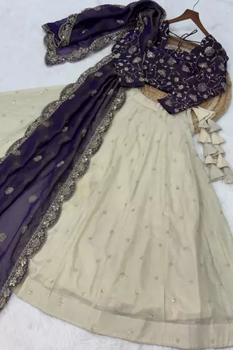 Violet Silk Semi Stitched Lehenga Choli with Embroidery & Zari Work