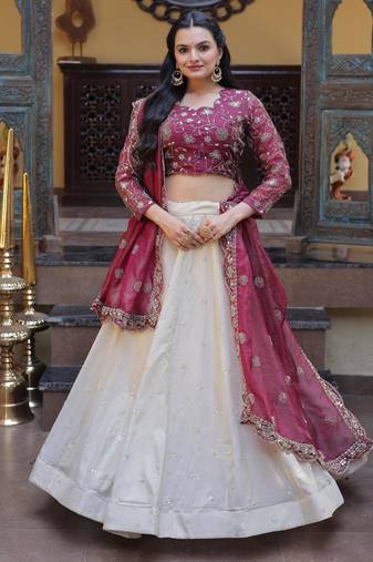 Maroon Silk Semi Stitched Lehenga Choli with Embroidery & Zari Work