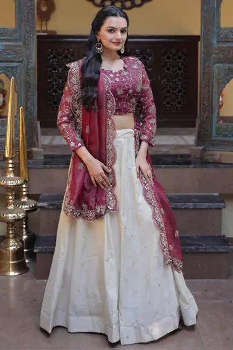 Maroon Silk Semi Stitched Lehenga Choli with Embroidery & Zari Work