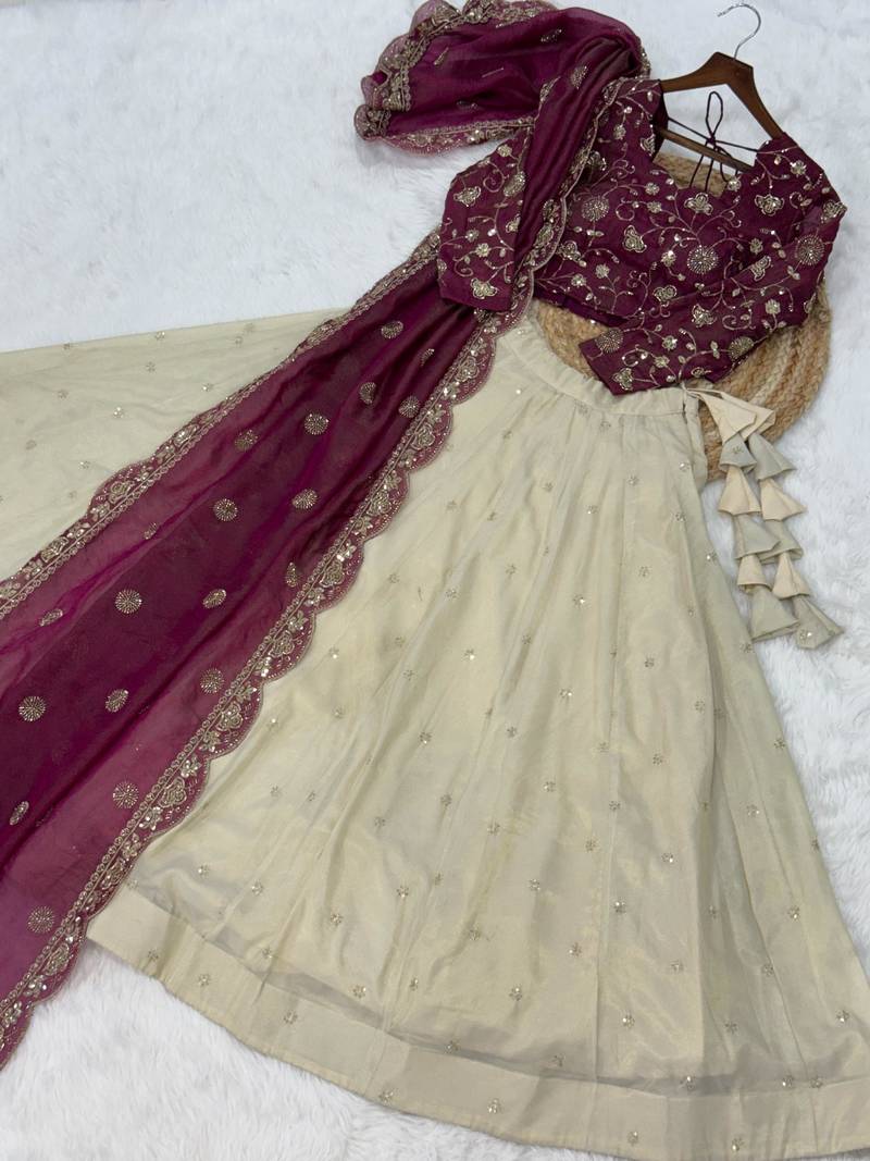 Maroon Silk Semi Stitched Lehenga Choli with Embroidery & Zari Work