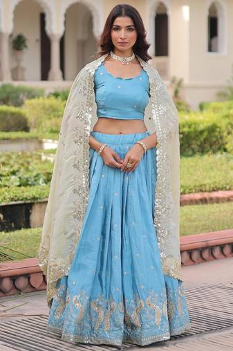 Blue Silk Semi Stitched Lehenga Choli with Embroidery & Zari Work