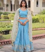 Blue Silk Semi Stitched Lehenga Choli with Embroidery & Zari Work