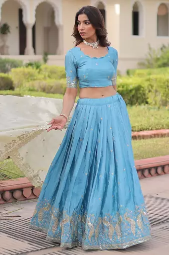 Blue Silk Semi Stitched Lehenga Choli with Embroidery & Zari Work