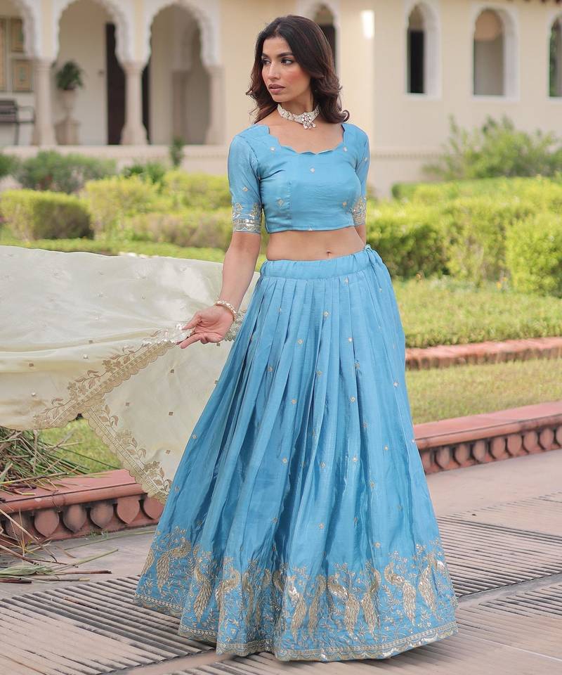 Blue Silk Semi Stitched Lehenga Choli with Embroidery & Zari Work