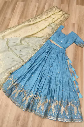 Blue Silk Semi Stitched Lehenga Choli with Embroidery & Zari Work